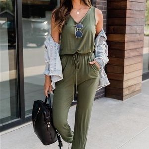 pink lily olive green jumpsuit